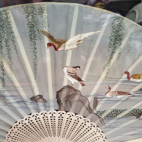 Vintage Framed Asian Chinese Fan Woodland Water Fowl Shadowbox - Picture 9 of 11